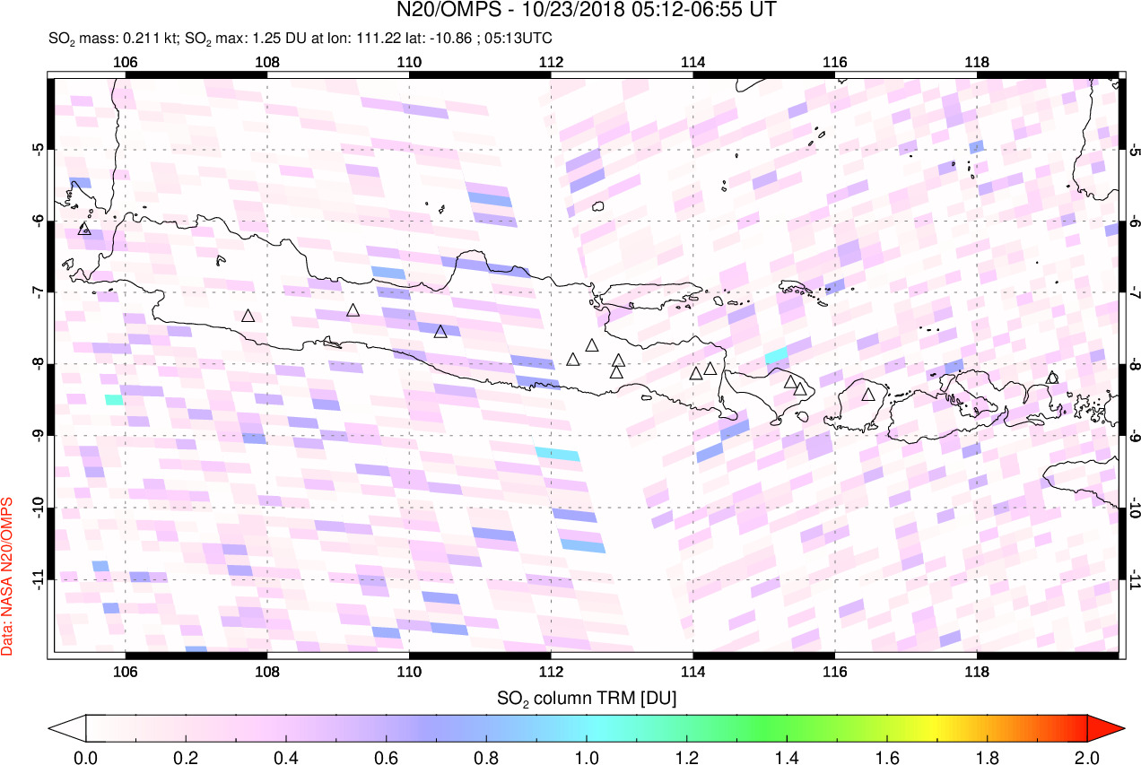 A sulfur dioxide image over Java, Indonesia on Oct 23, 2018.