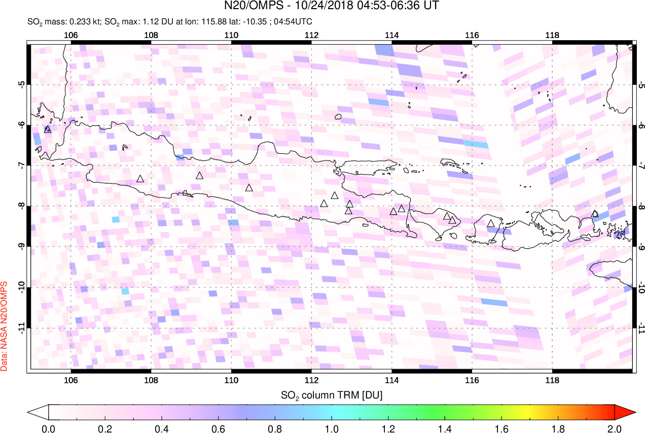A sulfur dioxide image over Java, Indonesia on Oct 24, 2018.