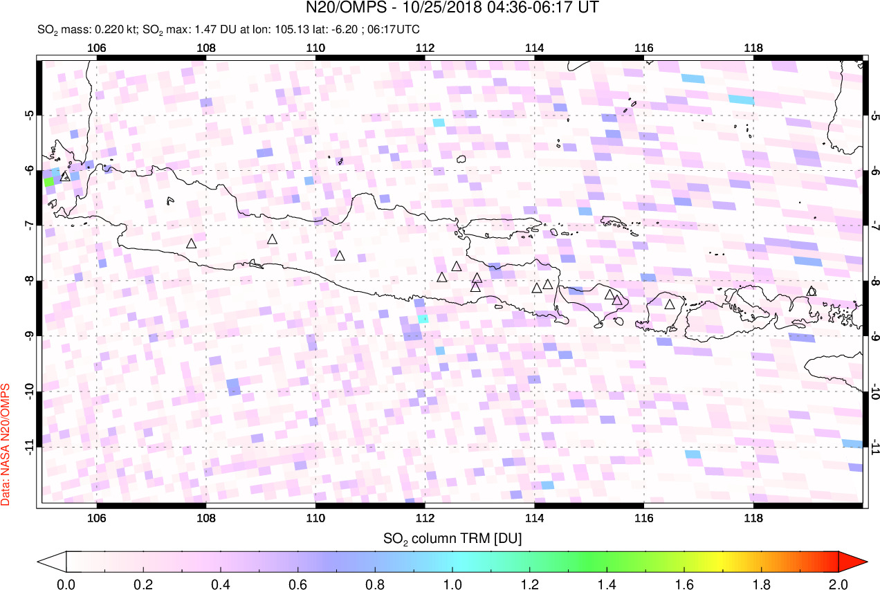 A sulfur dioxide image over Java, Indonesia on Oct 25, 2018.