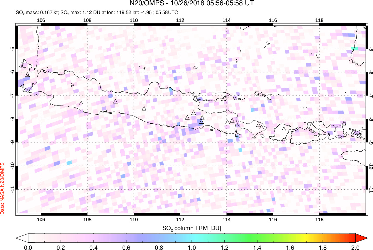 A sulfur dioxide image over Java, Indonesia on Oct 26, 2018.