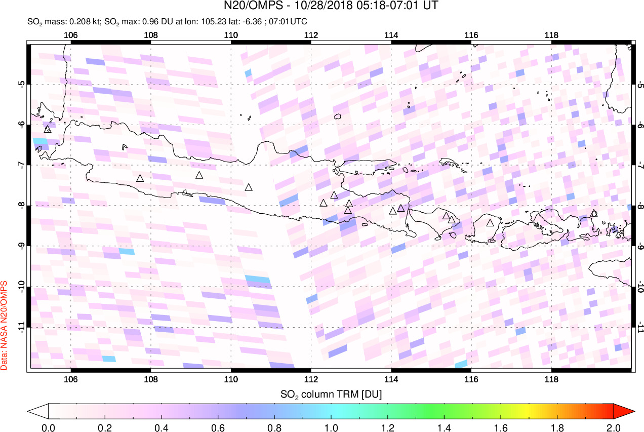 A sulfur dioxide image over Java, Indonesia on Oct 28, 2018.