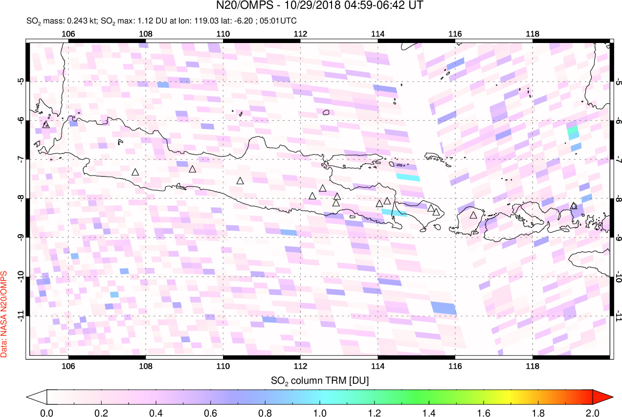 A sulfur dioxide image over Java, Indonesia on Oct 29, 2018.