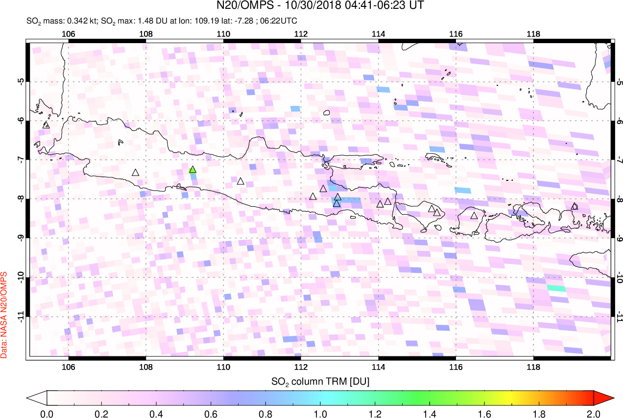 A sulfur dioxide image over Java, Indonesia on Oct 30, 2018.