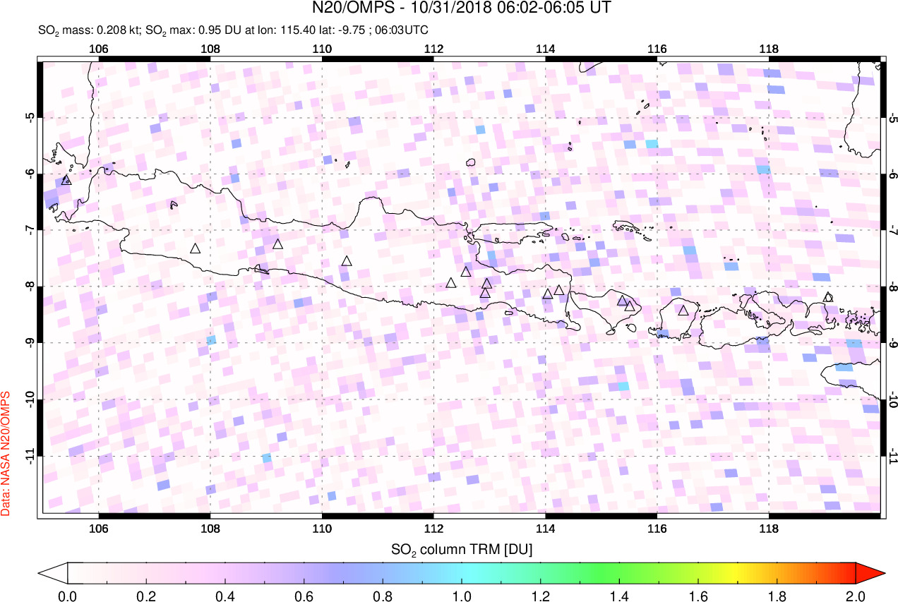 A sulfur dioxide image over Java, Indonesia on Oct 31, 2018.