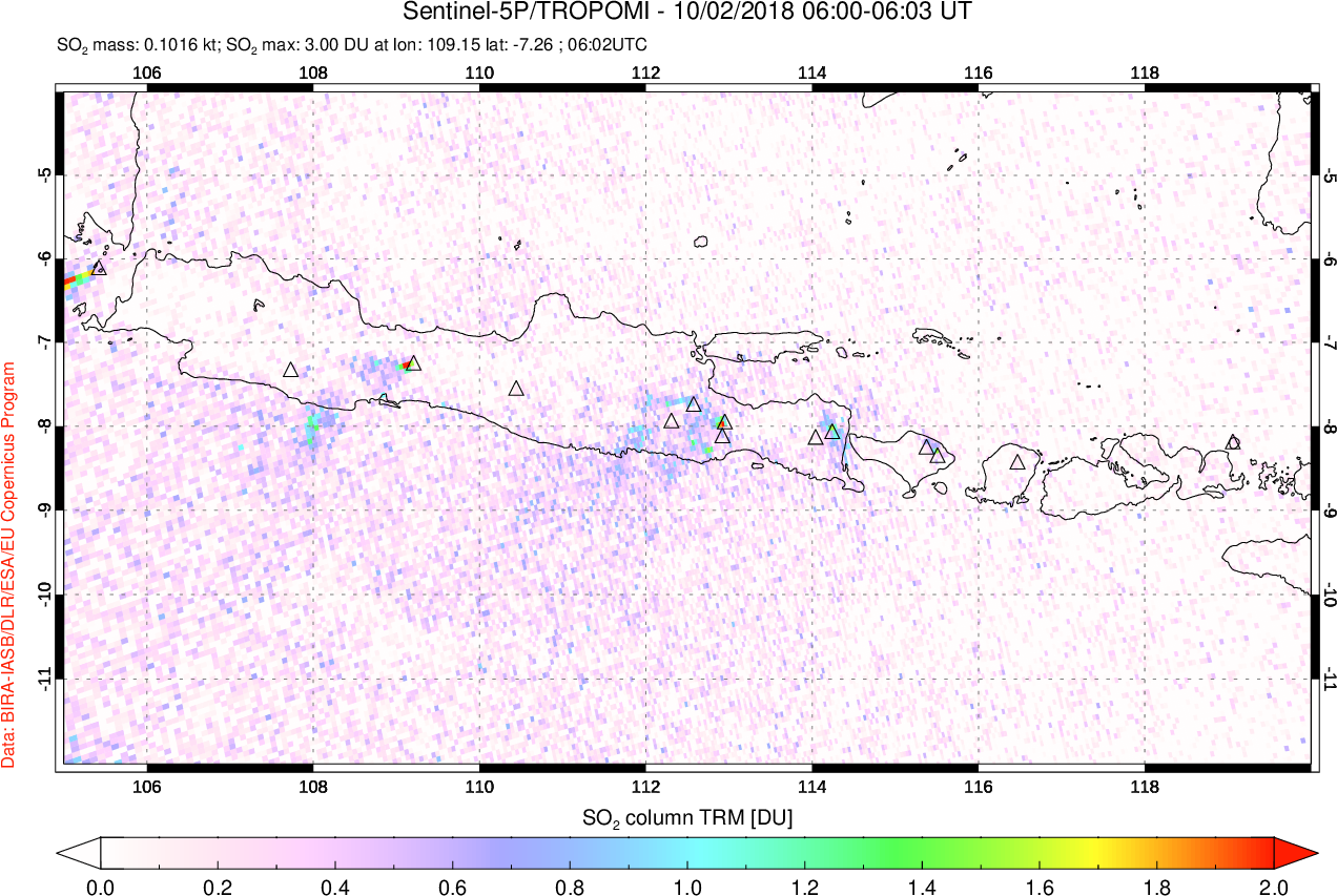 A sulfur dioxide image over Java, Indonesia on Oct 02, 2018.