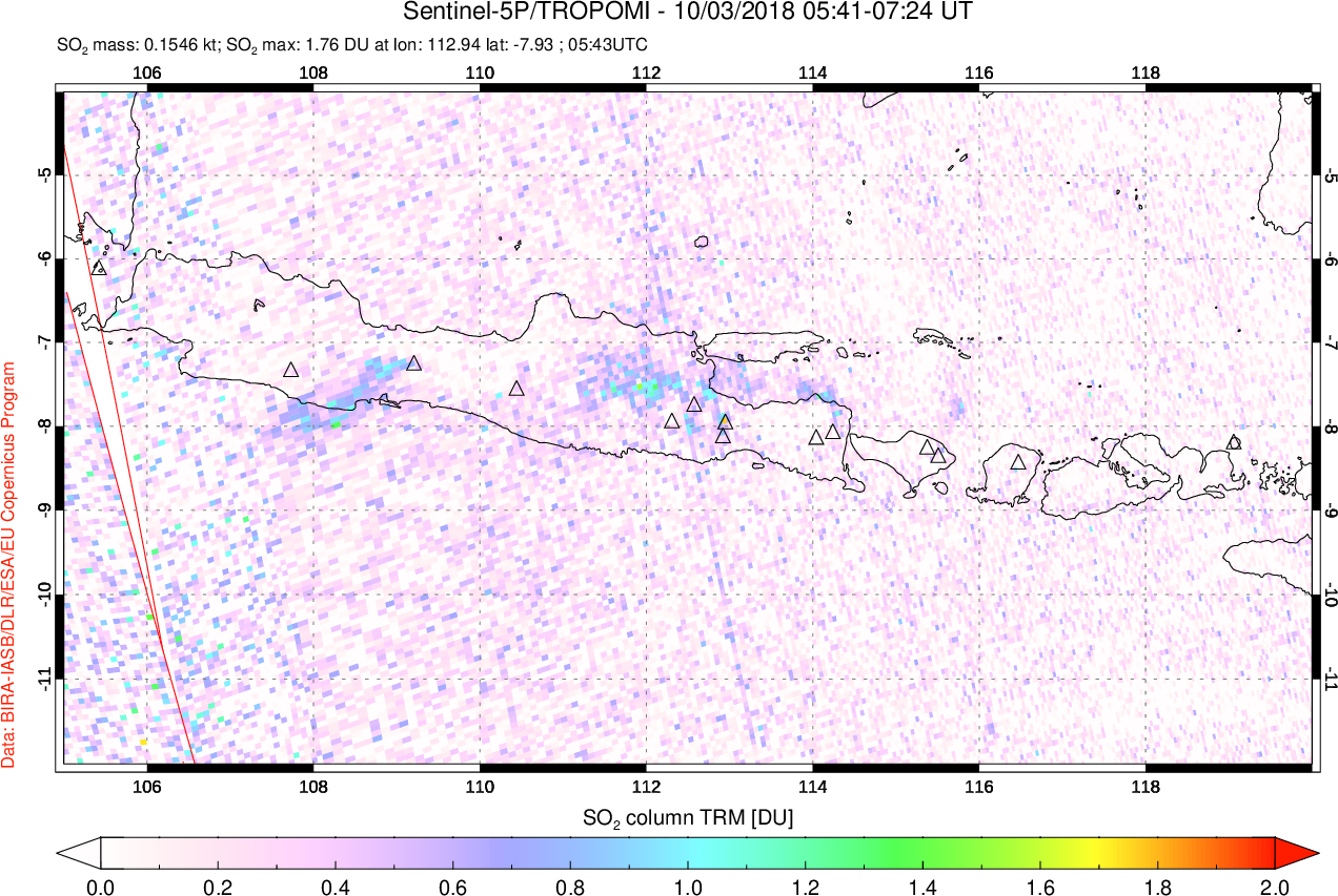 A sulfur dioxide image over Java, Indonesia on Oct 03, 2018.