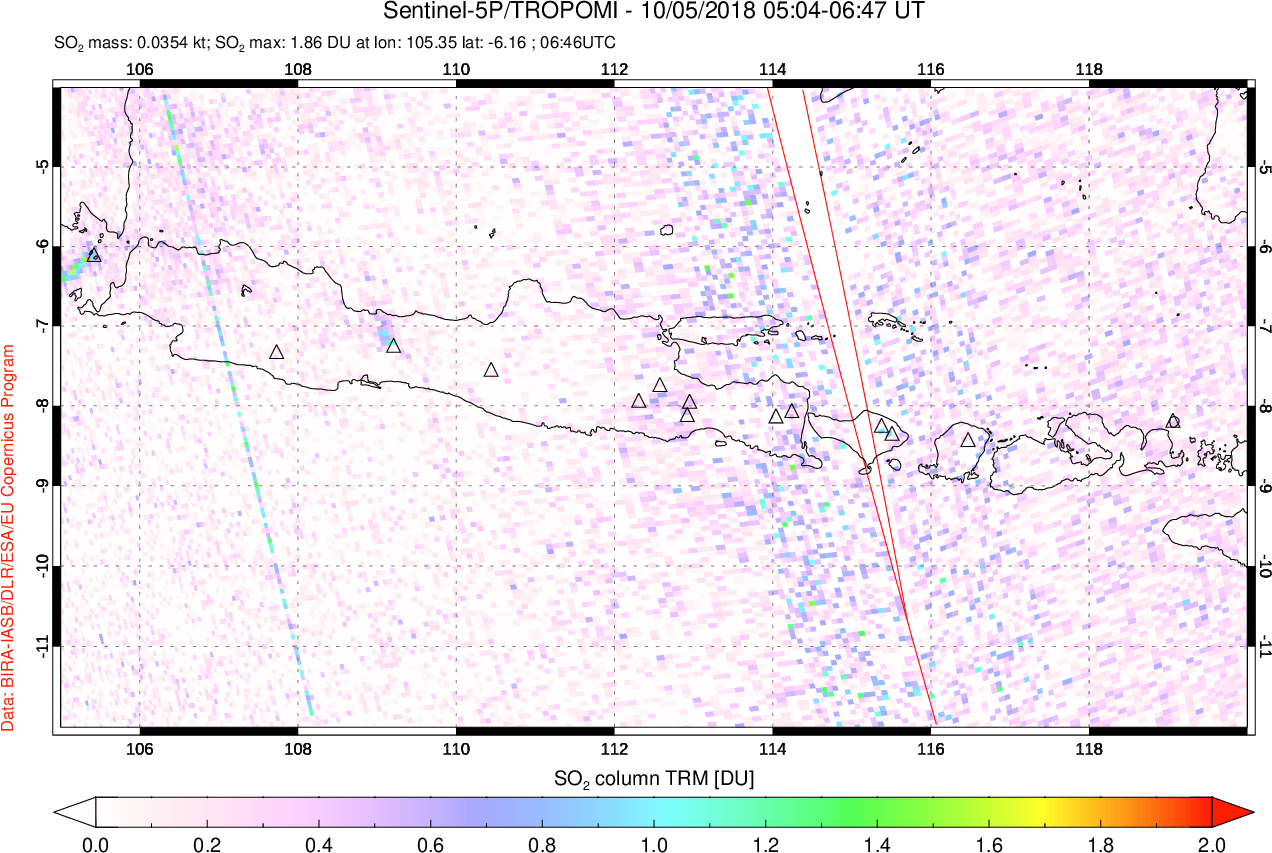 A sulfur dioxide image over Java, Indonesia on Oct 05, 2018.