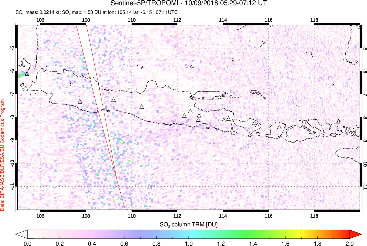 A sulfur dioxide image over Java, Indonesia on Oct 09, 2018.