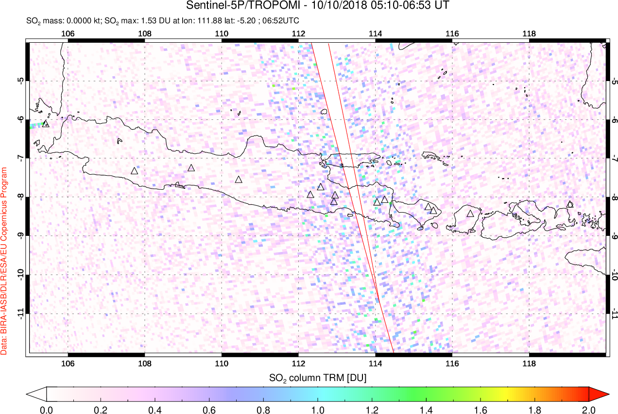 A sulfur dioxide image over Java, Indonesia on Oct 10, 2018.