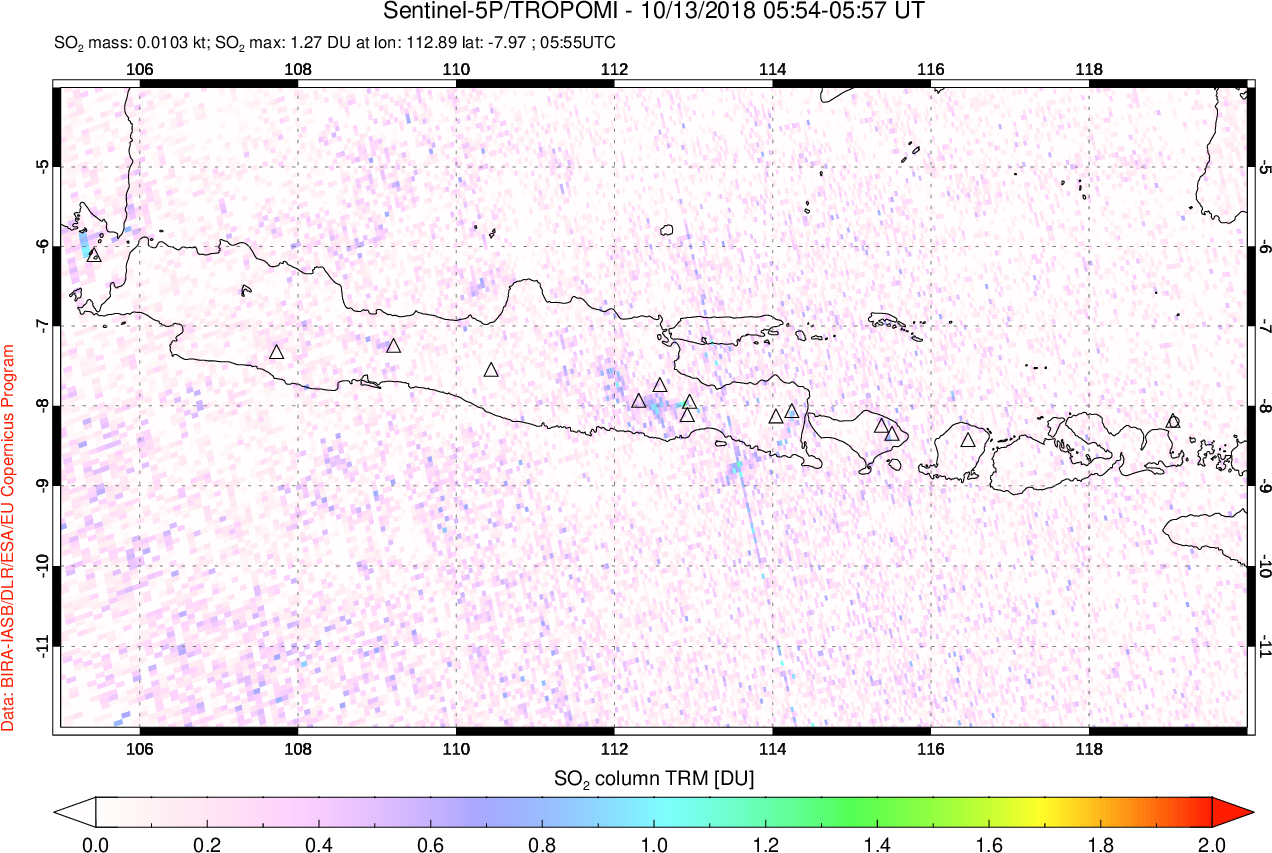 A sulfur dioxide image over Java, Indonesia on Oct 13, 2018.