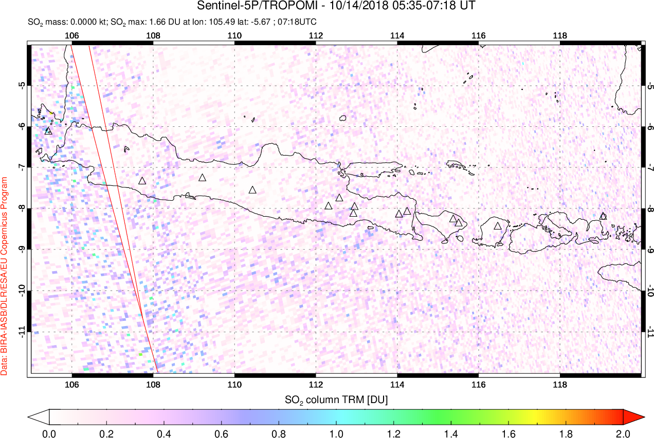 A sulfur dioxide image over Java, Indonesia on Oct 14, 2018.