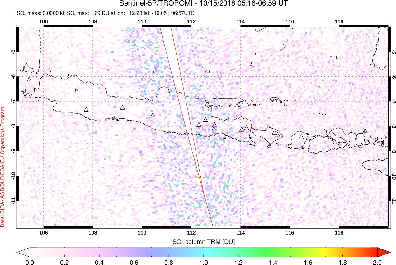 A sulfur dioxide image over Java, Indonesia on Oct 15, 2018.
