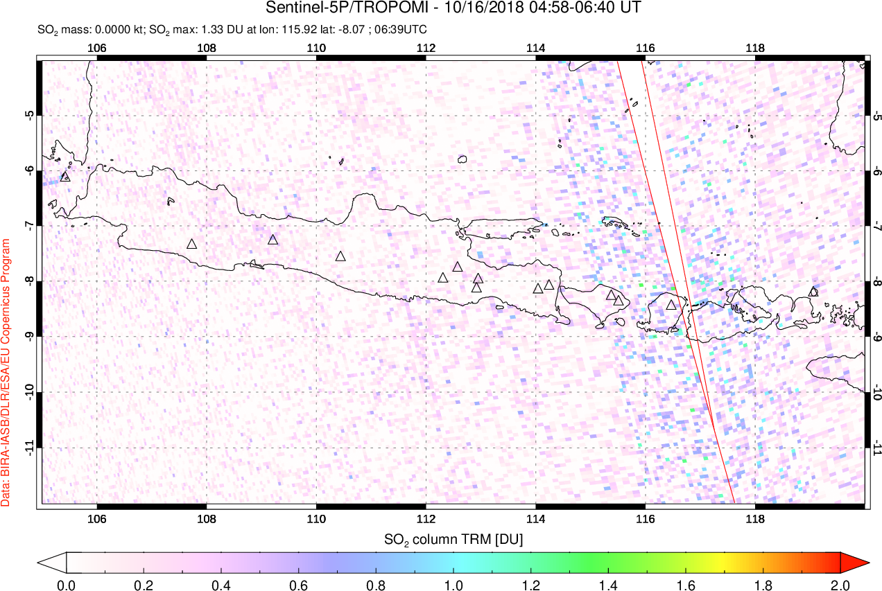 A sulfur dioxide image over Java, Indonesia on Oct 16, 2018.