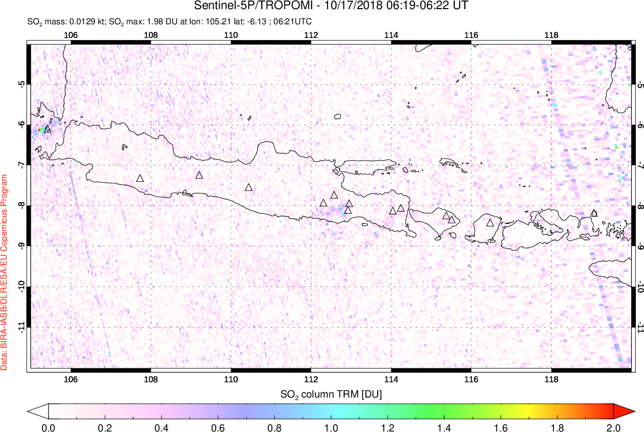 A sulfur dioxide image over Java, Indonesia on Oct 17, 2018.