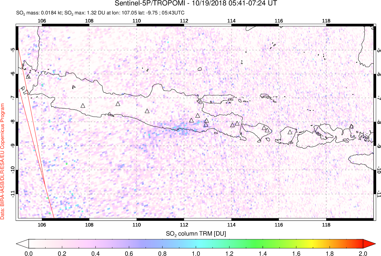 A sulfur dioxide image over Java, Indonesia on Oct 19, 2018.