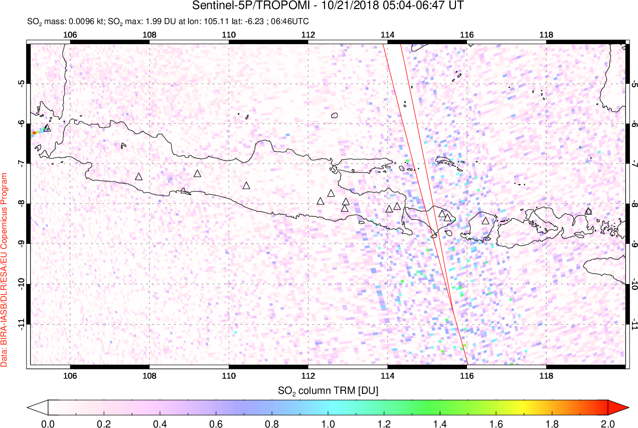 A sulfur dioxide image over Java, Indonesia on Oct 21, 2018.