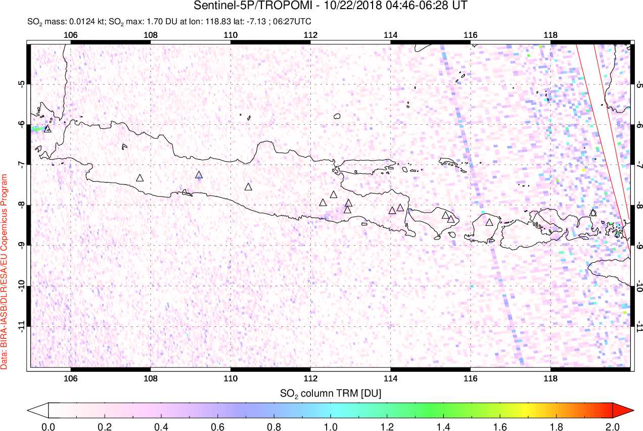 A sulfur dioxide image over Java, Indonesia on Oct 22, 2018.