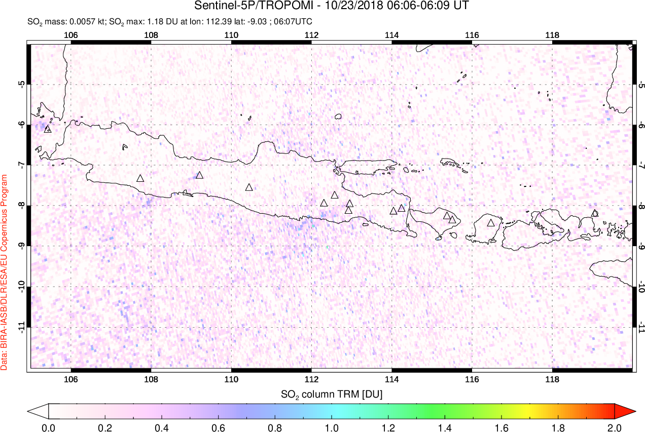 A sulfur dioxide image over Java, Indonesia on Oct 23, 2018.