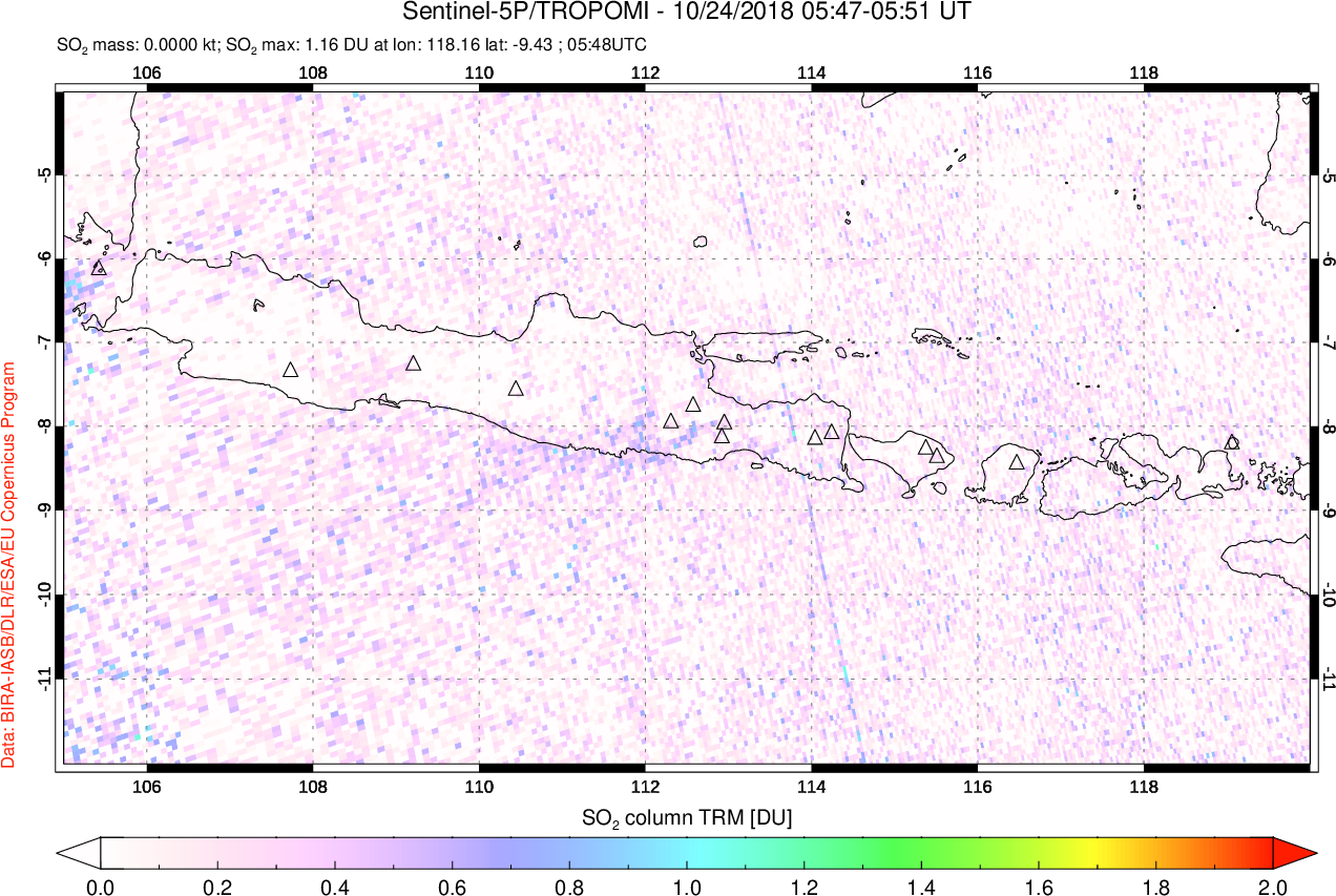 A sulfur dioxide image over Java, Indonesia on Oct 24, 2018.