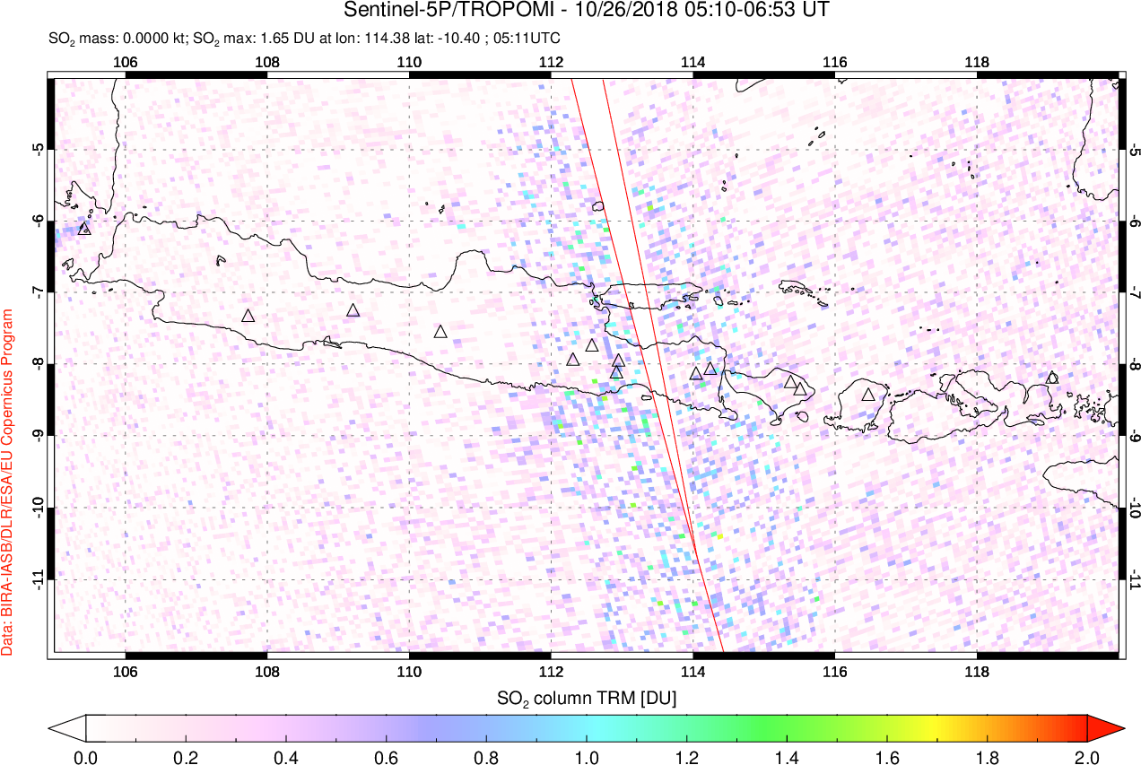 A sulfur dioxide image over Java, Indonesia on Oct 26, 2018.