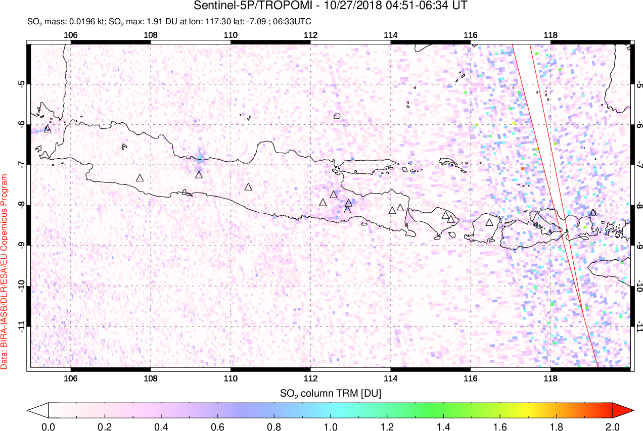 A sulfur dioxide image over Java, Indonesia on Oct 27, 2018.