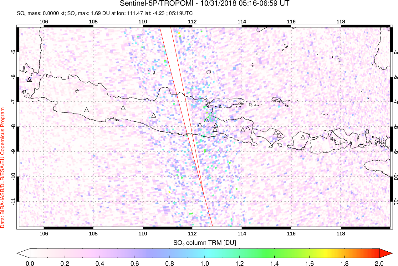 A sulfur dioxide image over Java, Indonesia on Oct 31, 2018.