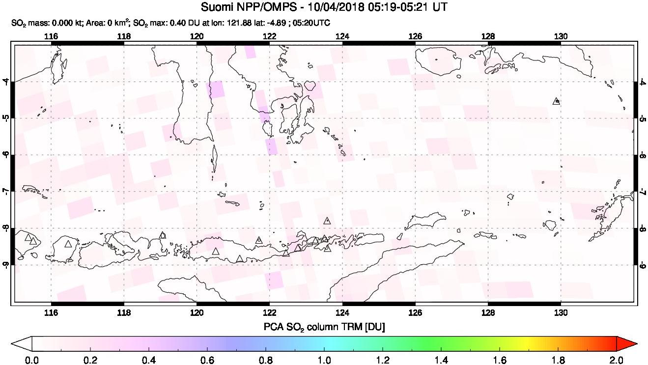 A sulfur dioxide image over Lesser Sunda Islands, Indonesia on Oct 04, 2018.