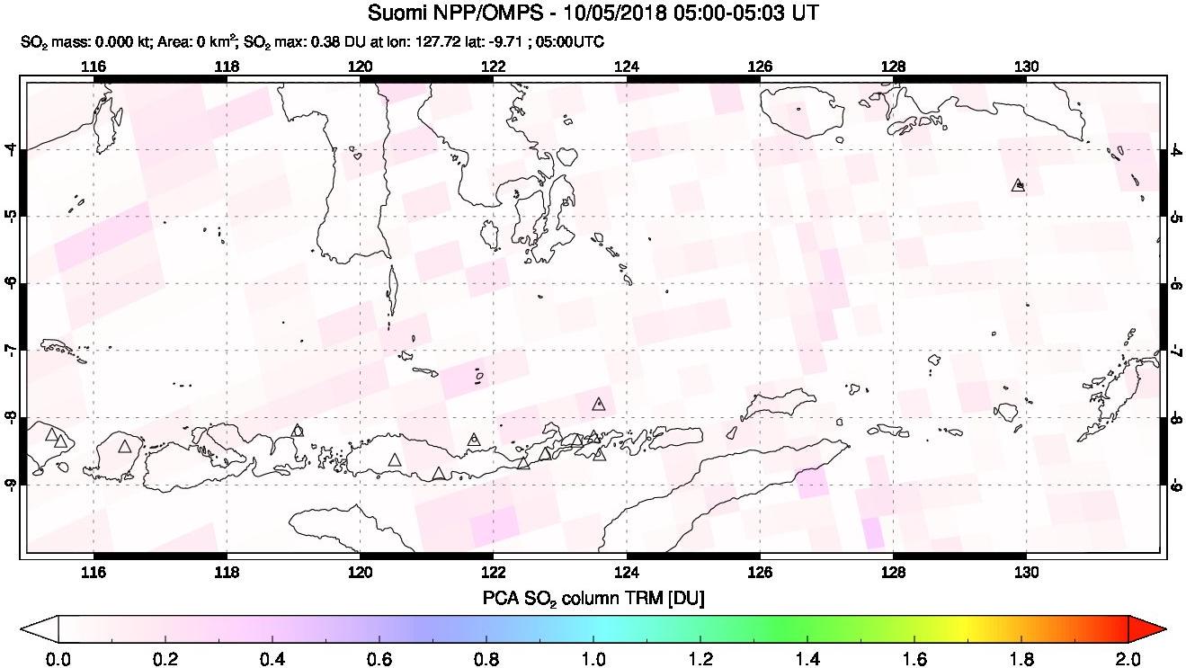 A sulfur dioxide image over Lesser Sunda Islands, Indonesia on Oct 05, 2018.