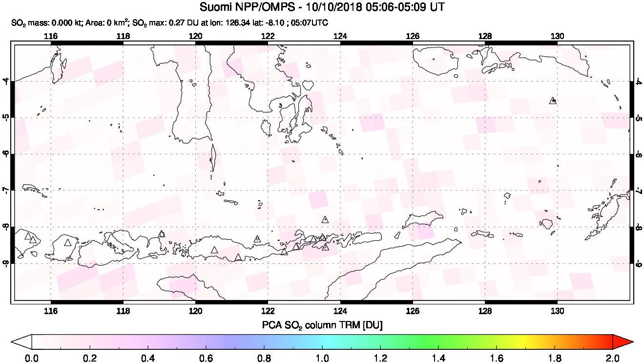 A sulfur dioxide image over Lesser Sunda Islands, Indonesia on Oct 10, 2018.
