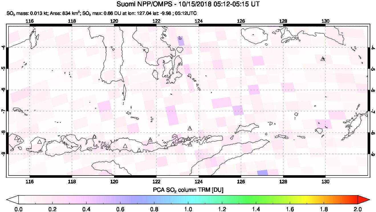 A sulfur dioxide image over Lesser Sunda Islands, Indonesia on Oct 15, 2018.