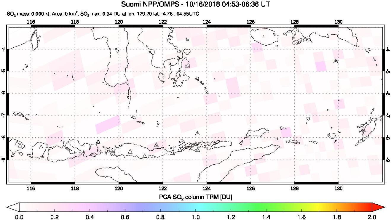 A sulfur dioxide image over Lesser Sunda Islands, Indonesia on Oct 16, 2018.