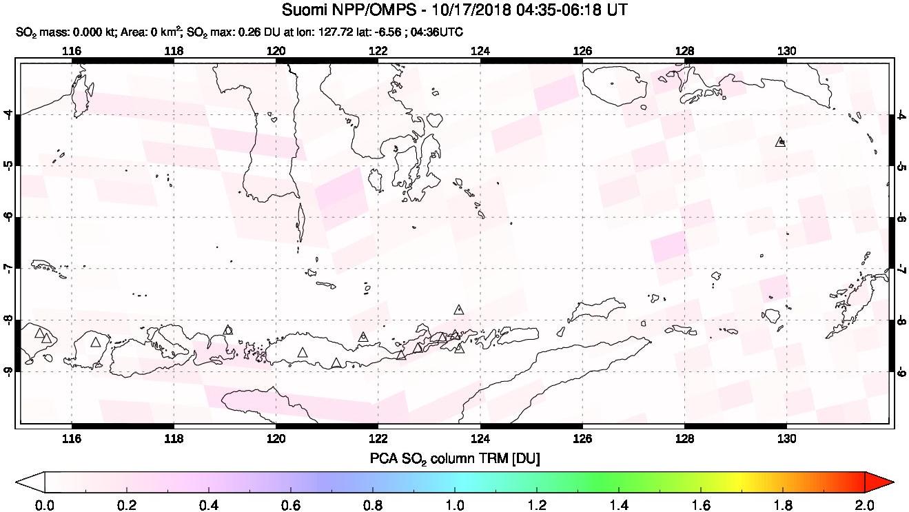 A sulfur dioxide image over Lesser Sunda Islands, Indonesia on Oct 17, 2018.