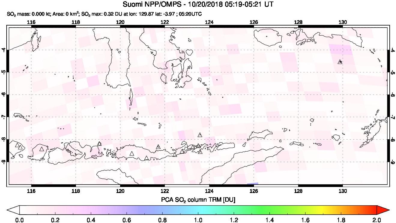 A sulfur dioxide image over Lesser Sunda Islands, Indonesia on Oct 20, 2018.