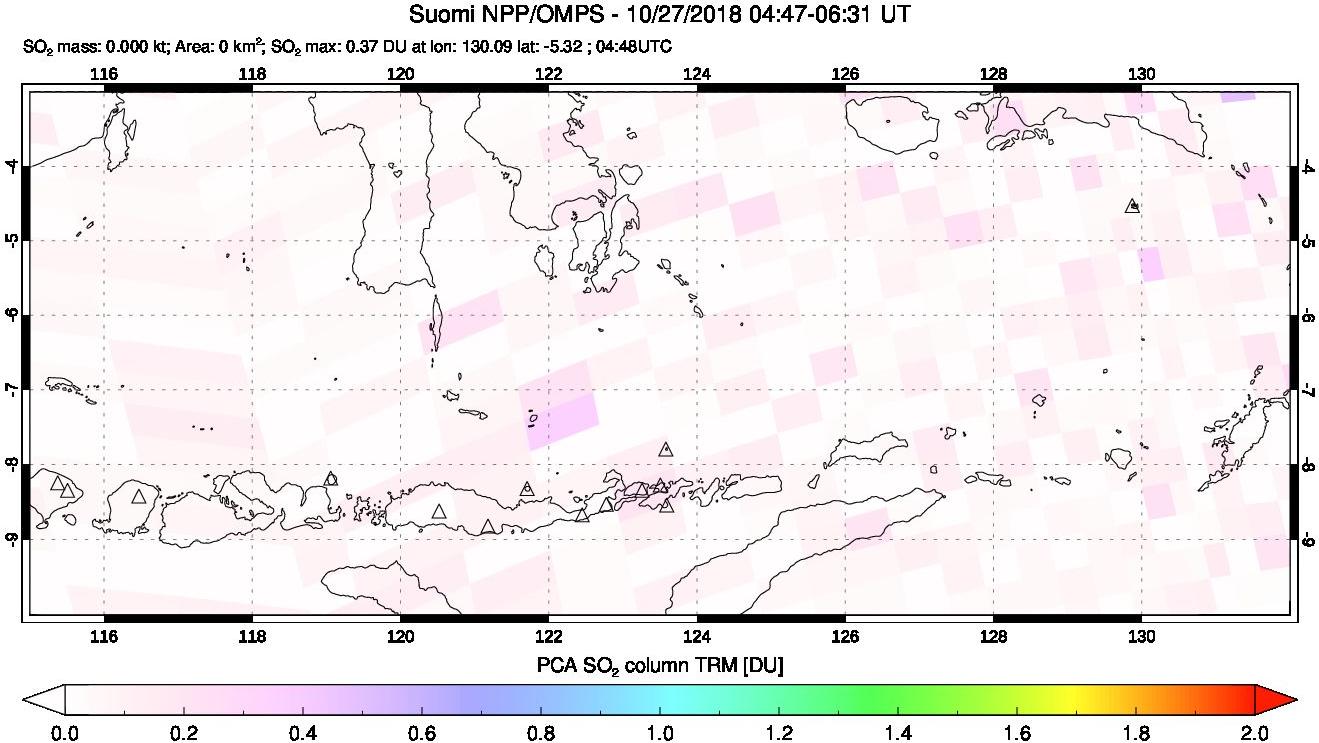 A sulfur dioxide image over Lesser Sunda Islands, Indonesia on Oct 27, 2018.