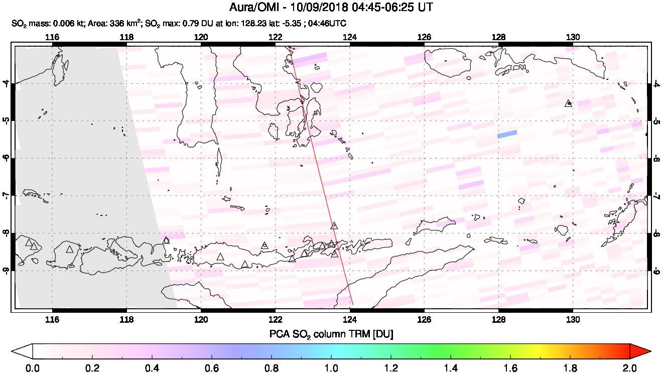 A sulfur dioxide image over Lesser Sunda Islands, Indonesia on Oct 09, 2018.