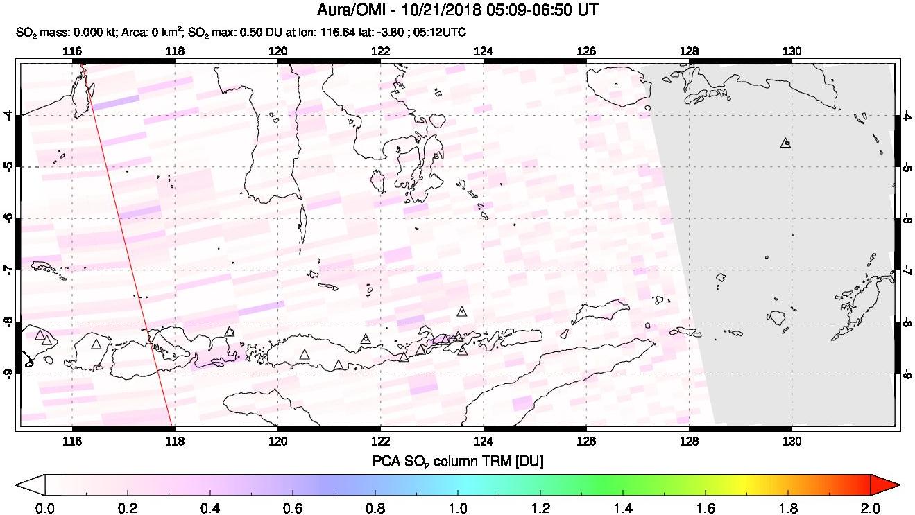A sulfur dioxide image over Lesser Sunda Islands, Indonesia on Oct 21, 2018.