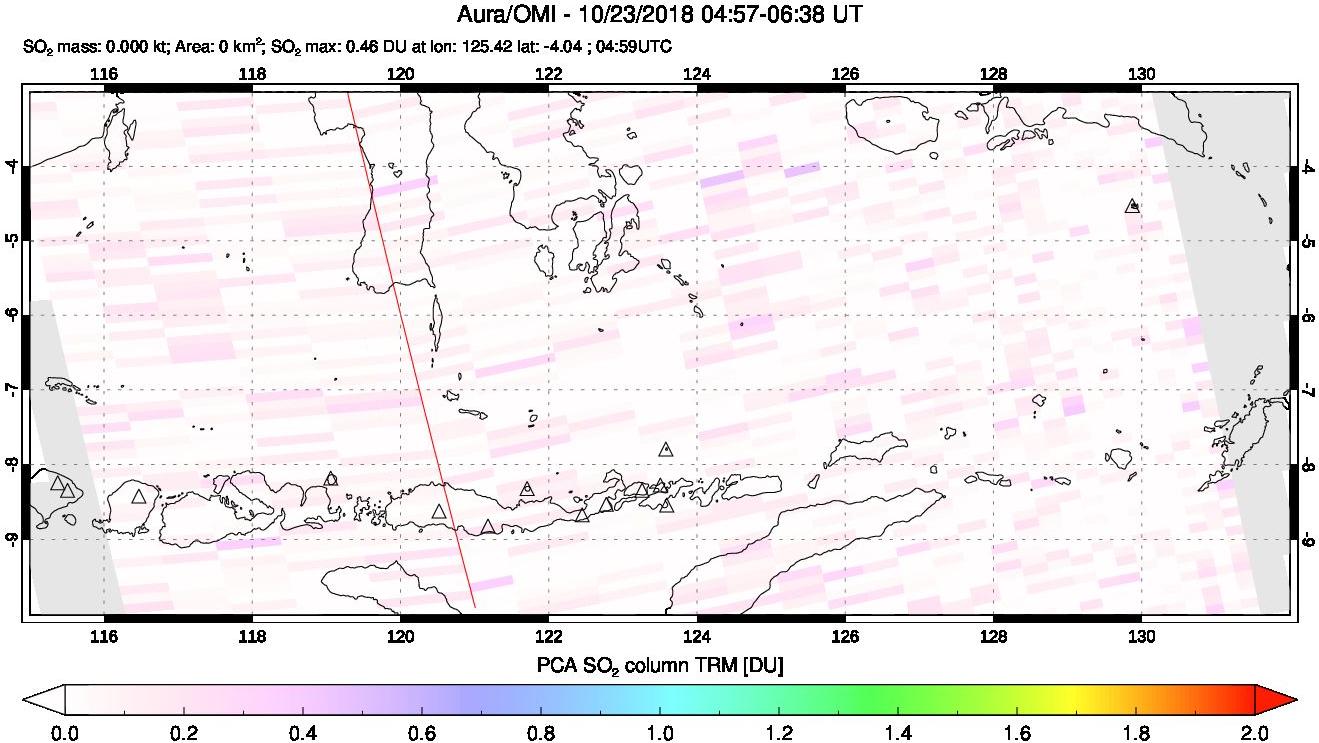 A sulfur dioxide image over Lesser Sunda Islands, Indonesia on Oct 23, 2018.