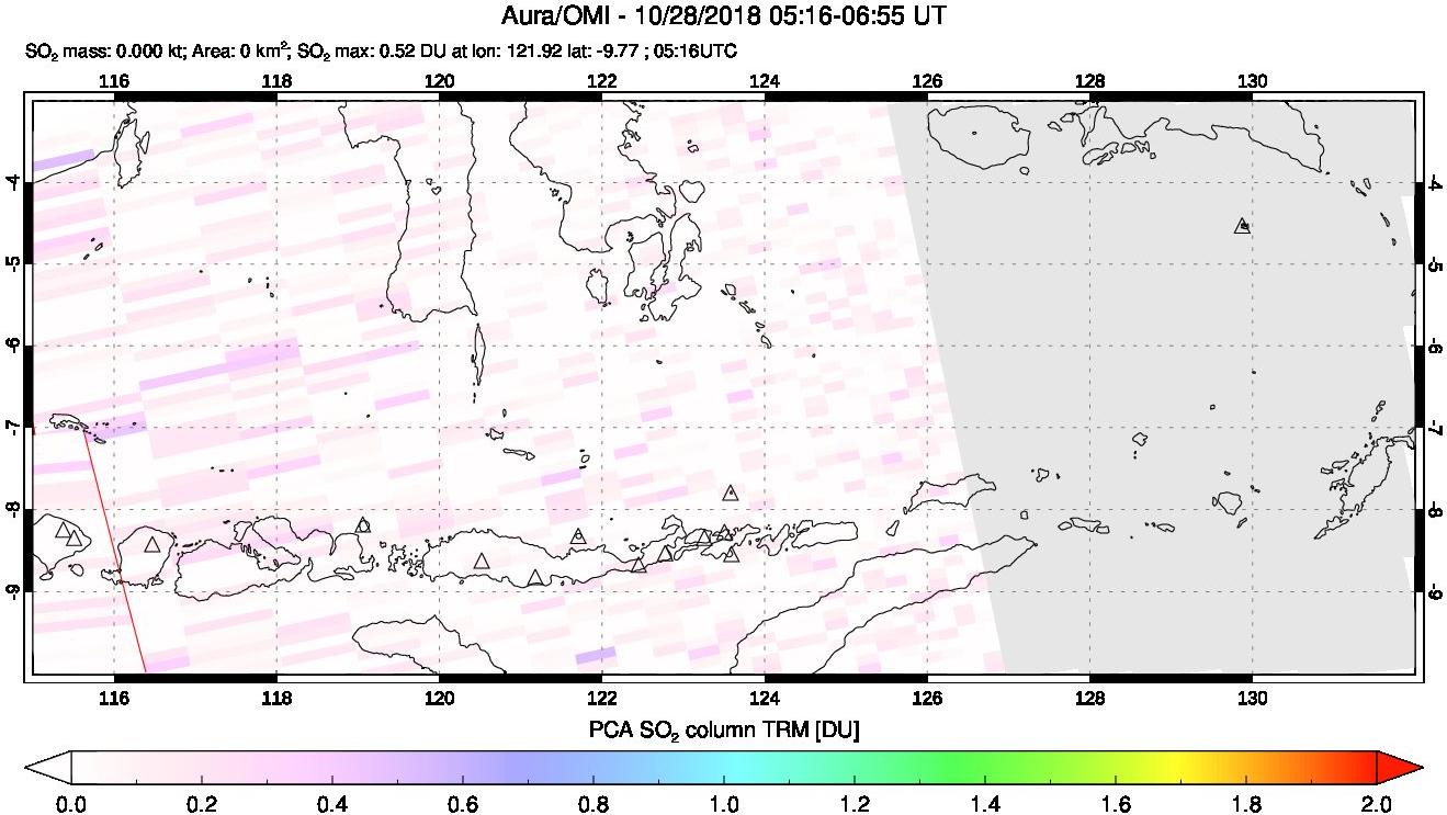 A sulfur dioxide image over Lesser Sunda Islands, Indonesia on Oct 28, 2018.