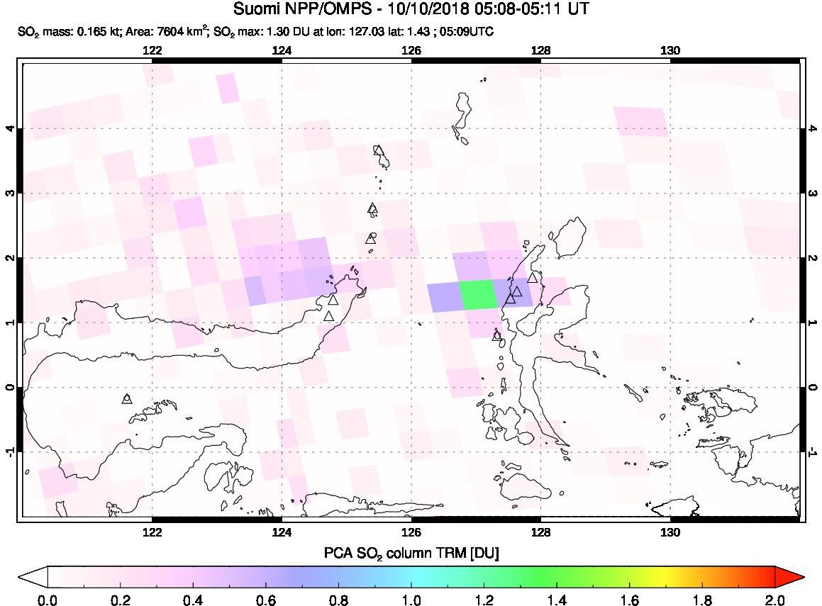 A sulfur dioxide image over Northern Sulawesi & Halmahera, Indonesia on Oct 10, 2018.