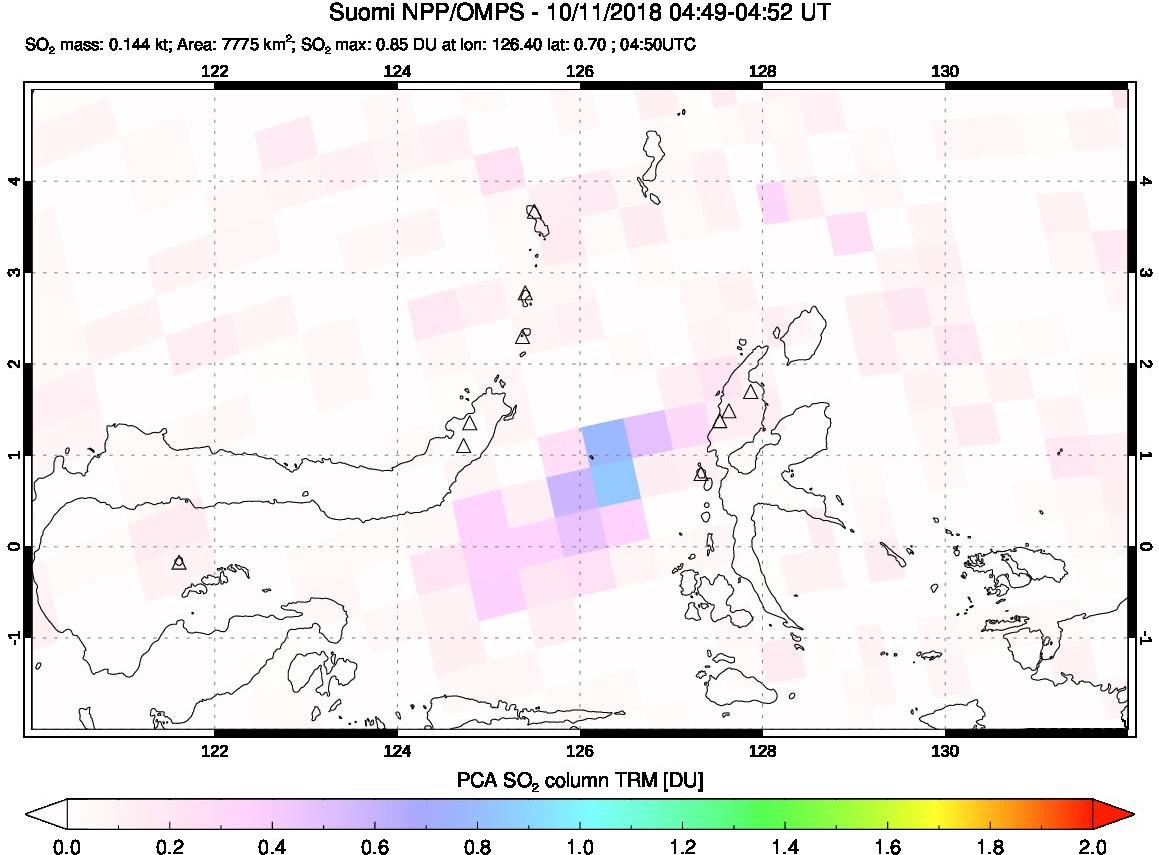 A sulfur dioxide image over Northern Sulawesi & Halmahera, Indonesia on Oct 11, 2018.