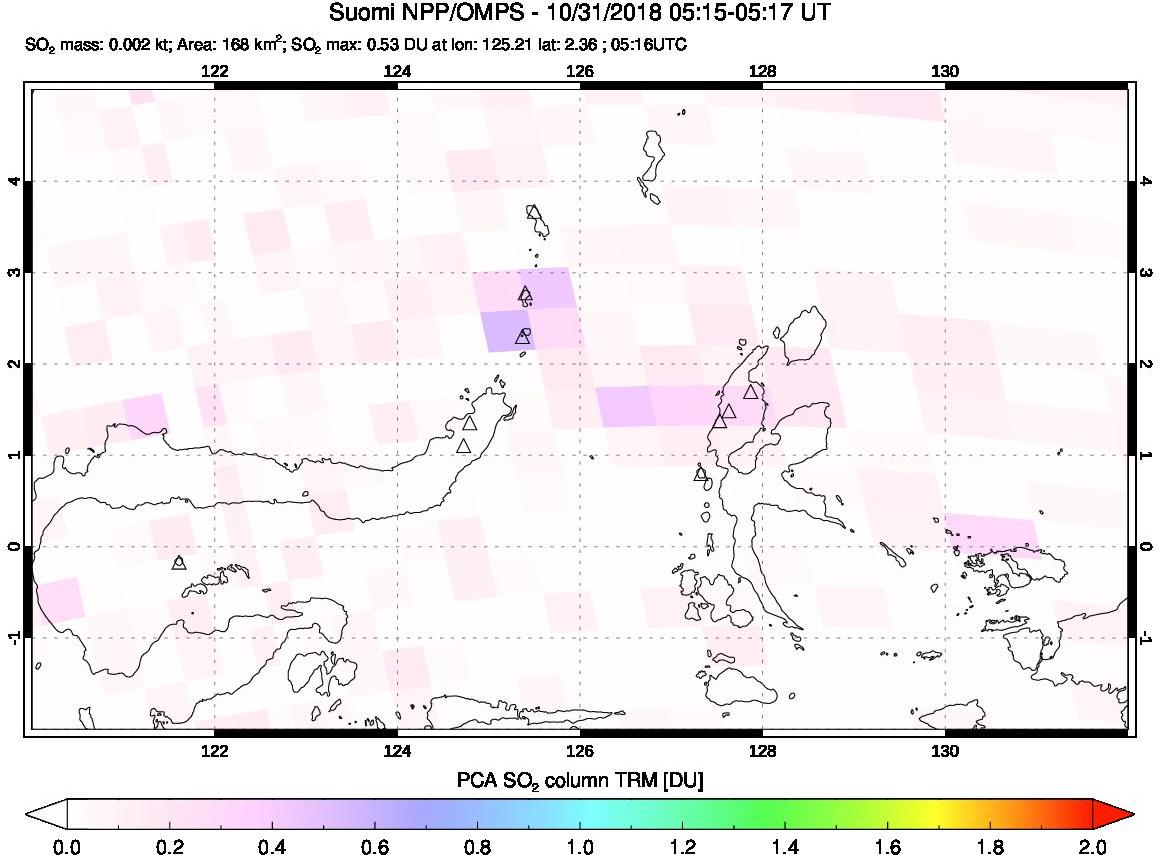 A sulfur dioxide image over Northern Sulawesi & Halmahera, Indonesia on Oct 31, 2018.