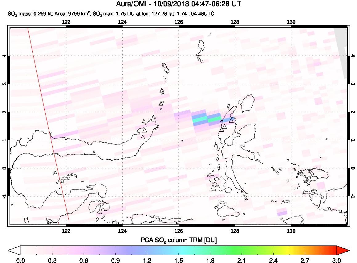 A sulfur dioxide image over Northern Sulawesi & Halmahera, Indonesia on Oct 09, 2018.