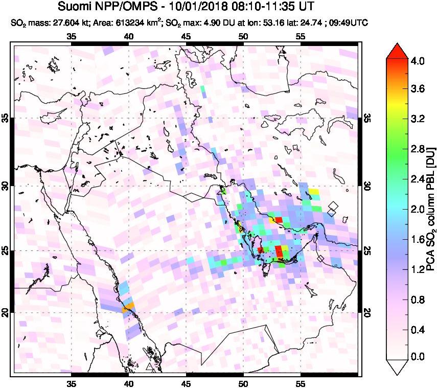 A sulfur dioxide image over Middle East on Oct 01, 2018.