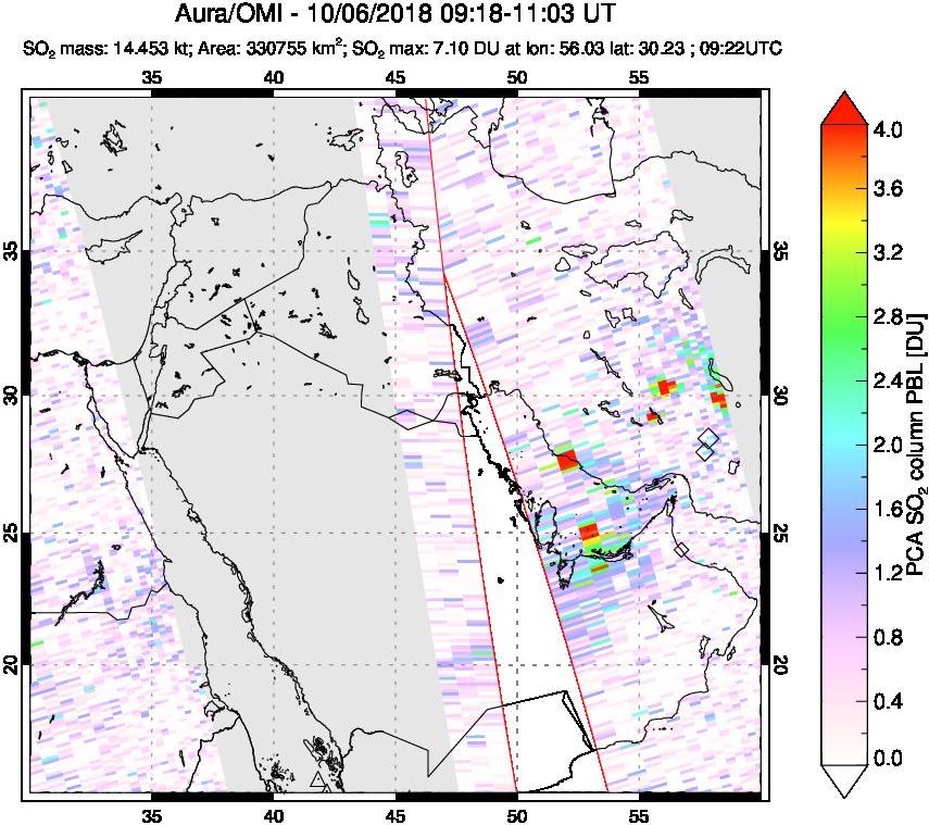 A sulfur dioxide image over Middle East on Oct 06, 2018.