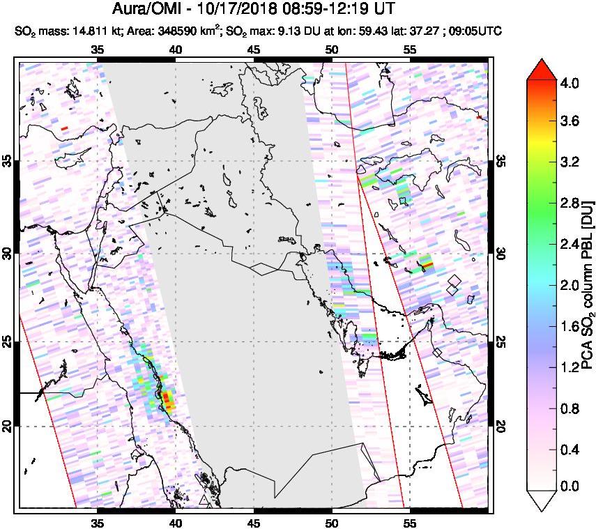 A sulfur dioxide image over Middle East on Oct 17, 2018.