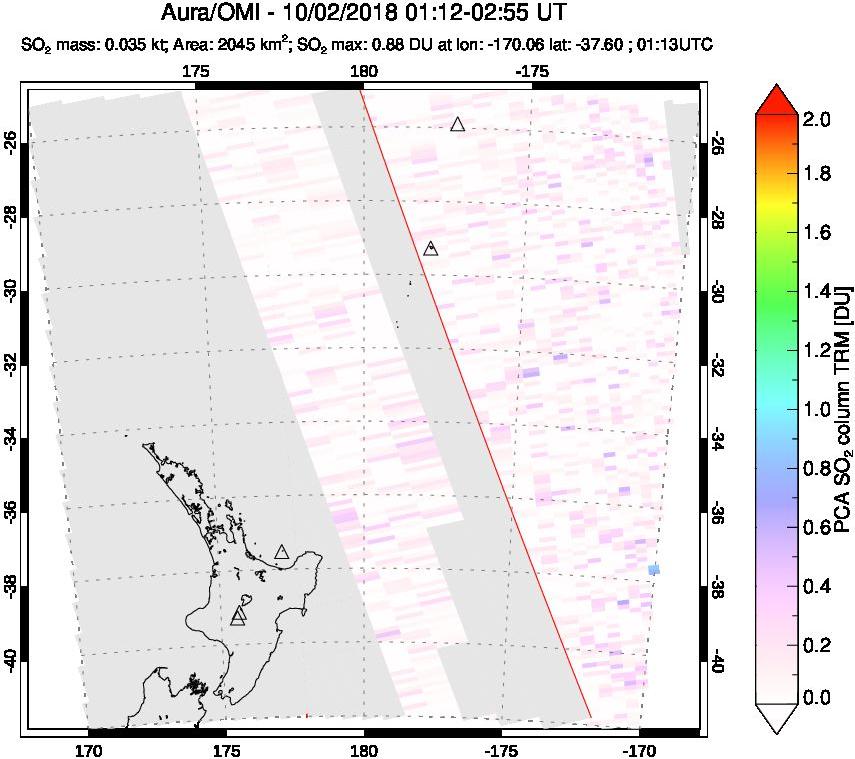 A sulfur dioxide image over New Zealand on Oct 02, 2018.