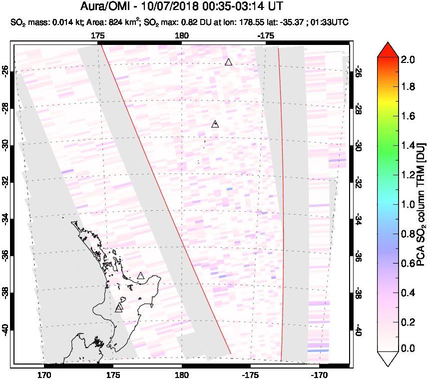 A sulfur dioxide image over New Zealand on Oct 07, 2018.