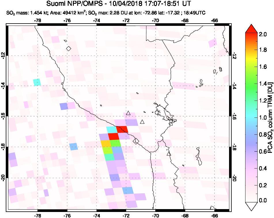 A sulfur dioxide image over Peru on Oct 04, 2018.