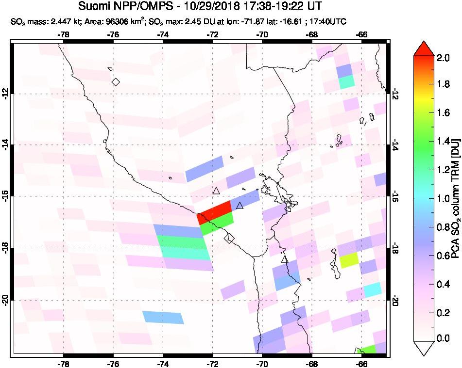 A sulfur dioxide image over Peru on Oct 29, 2018.