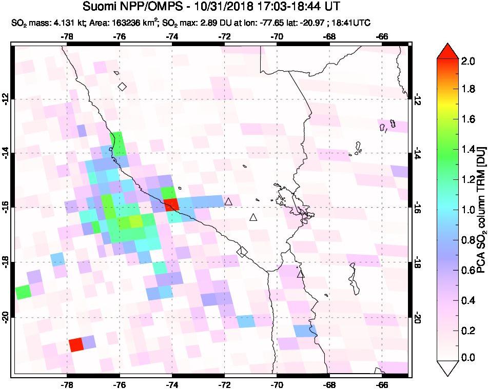A sulfur dioxide image over Peru on Oct 31, 2018.